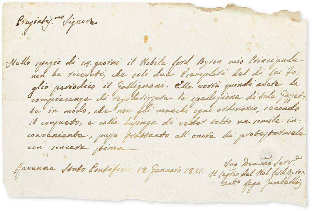 (BYRON, GEORGE GORDON NOEL; LORD.) ZAMBELLI, ANTONIO LEGA. Autograph Letter Signed, The Secretary of the Noble Lord Byron / Anto Lega